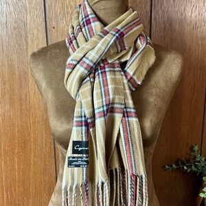 Cejon Plaid‎ Scarf Tan Red Blue White Fringe Made in Italy Acrylic